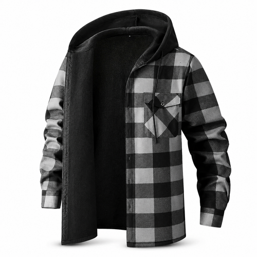 Plaid Hooded Jacket with Velvet Lining - Gray - Size S(AU S/EU46)
