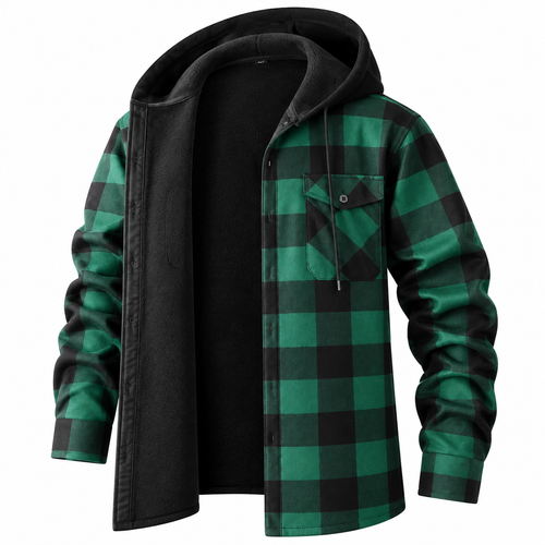 Plaid Hooded Jacket with Velvet Lining - Green - Size L(AU L/EU50)