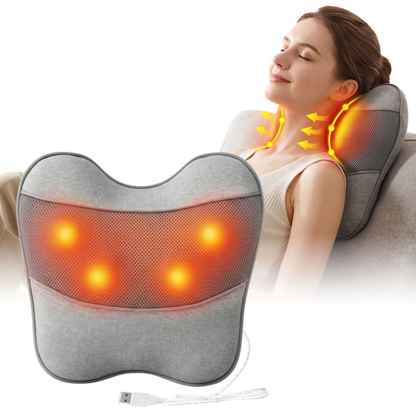 Livemor Back Massager with Heat, USB Neck and Shoulder Massage Pillow, 3-Speed Ergonomic Lumbar Support Cushion for Office Chair, Portable Muscle Comfort for Back, Thigh & Calf, Grey