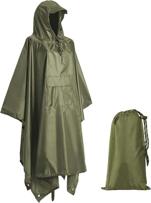 Waterproof Rain Jacket 3-in-1 Multifunctional Hooded Poncho, Green, with Tarp Underlay, Breathable and Waterproof