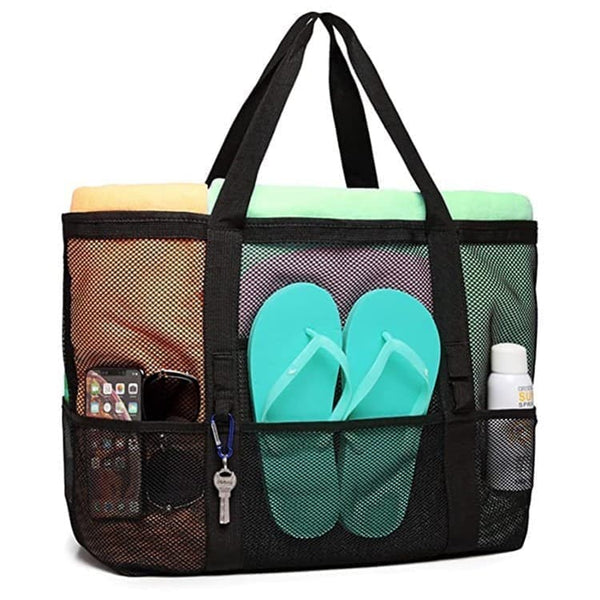 6 Pockets Mesh Beach Bag, Foldable Picnic Bag for Family, Compatible with Oral-B, Large, Black