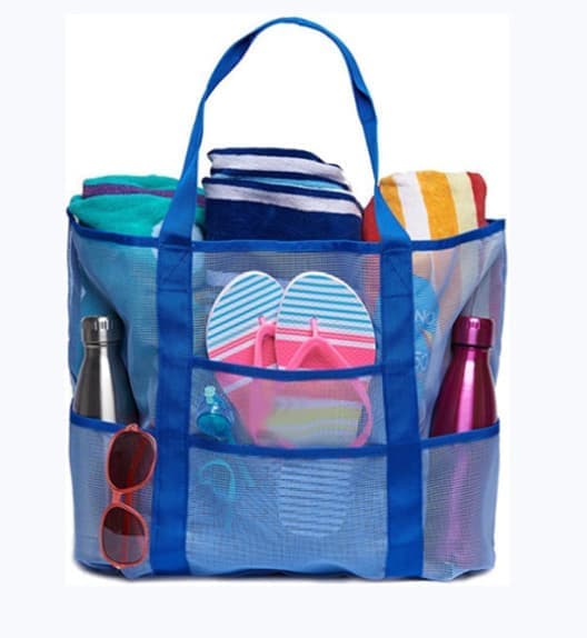 6 Pockets Foldable Mesh Beach Bag for Family Picnic, One Size, Blue