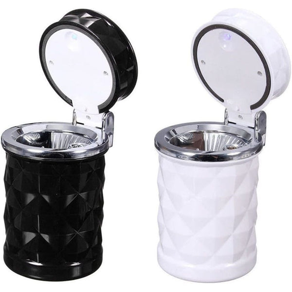 2 Pack Portable Car Ashtray Stand Cylinder Cup with LED Light - Black and White