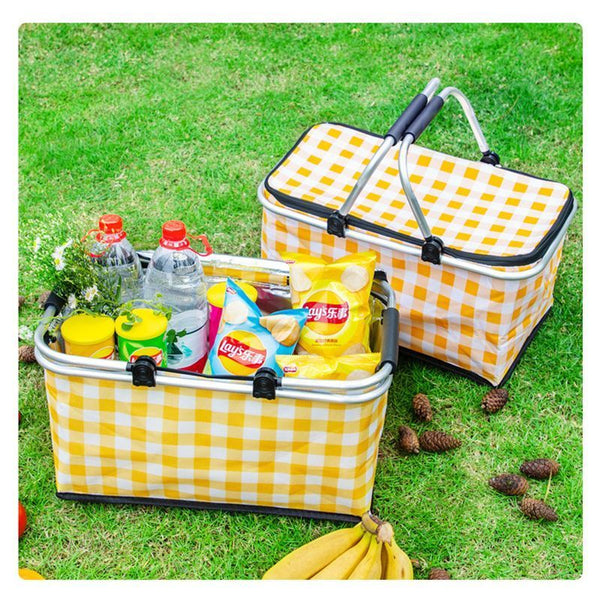 Thickened Foldable Aluminum Foil Insulated Picnic Basket-Yellow chequered pattern