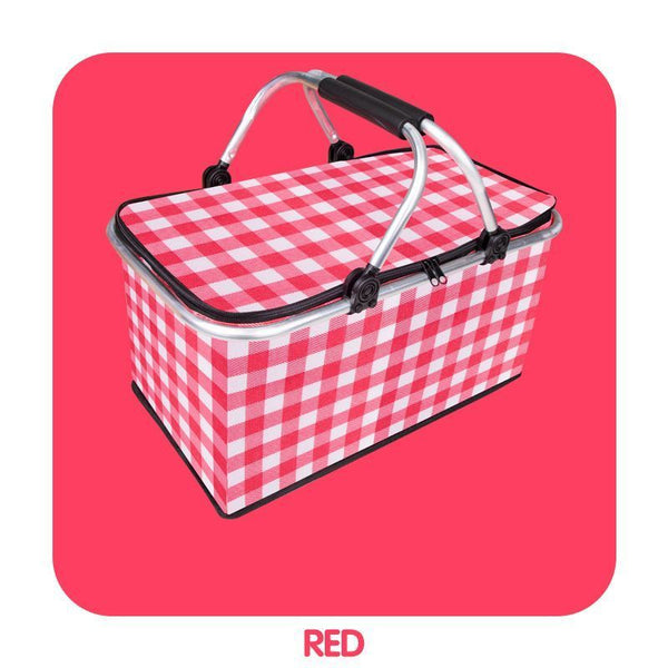 Thickened Foldable Aluminum Foil Insulated Picnic Basket-Red chequered pattern