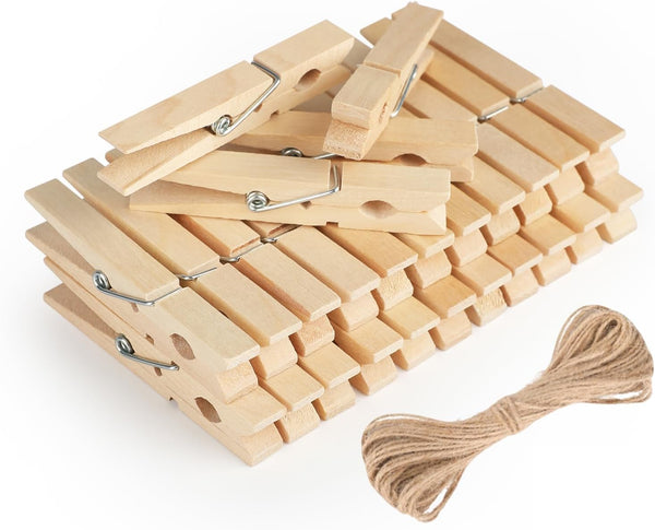 Wooden Clips with String, 50Pcs 2.9Inch Large Clothes Pins, Natural Brown Photo Hanging Clip, Wooden Decoration Clips for DIY Crafts, Storage Bags, Cheer Pins, Hanging Clothes