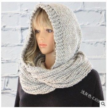 Women Winter Hooded Knit Scarf - Warm Solid Color Cape Scarf Wrap with Hood - Soft Acrylic Winter Neck Warmer for Cold Weather - Gray
