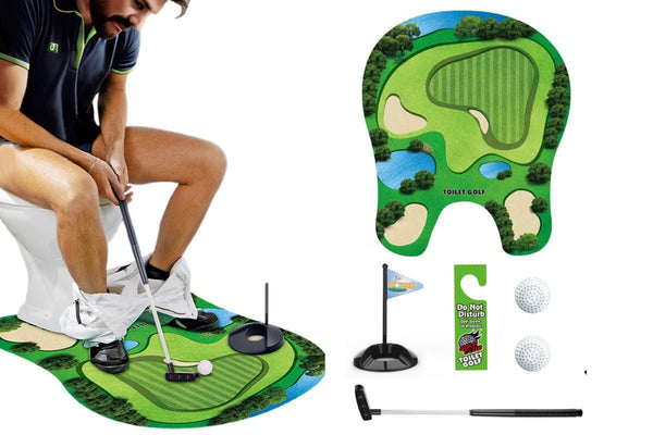 Toilet Golf Game Toilet Golf Toys Set with Practice Mat Golf Club 2 Balls Bathroom Practice Mini Golf in Restroom