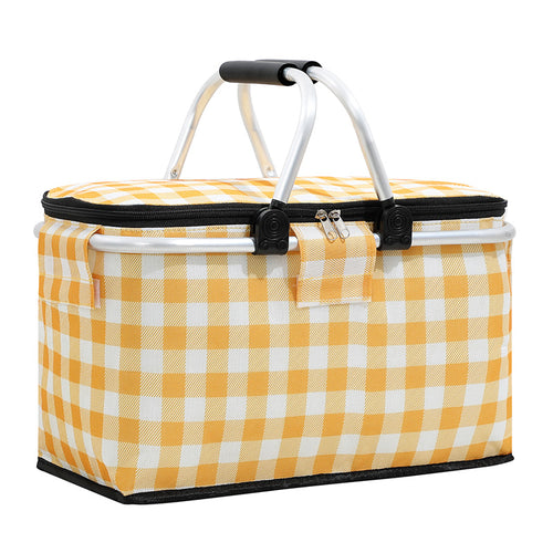 Yellow Plaid Insulated Picnic Basket with Collapsible Aluminum Frame