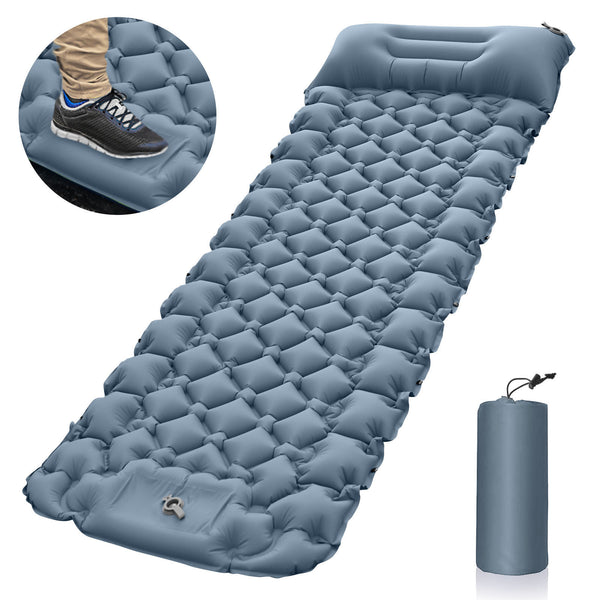 Grey Inflatable Outdoor Camping Sleeping Pad with Foot Pump
