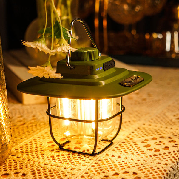 Green Rechargeable Vintage LED Camping Lantern with Power Bank