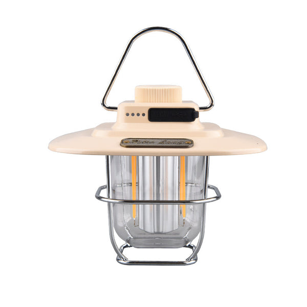 Beige Rechargeable Vintage LED Camping Lantern with Power Bank