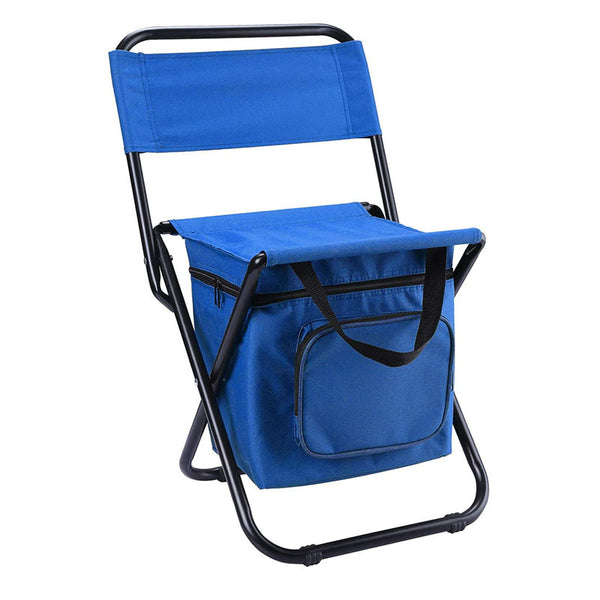 Blue Folding Camping Chair with Integrated Insulated Cooler Bag