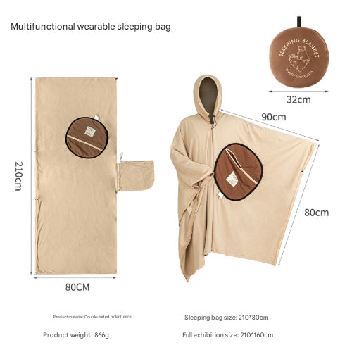 Khaki Wearable Fleece Poncho Sleeping Bag with Detachable Hood