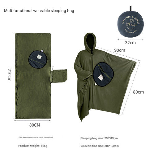 Green Wearable Fleece Poncho Sleeping Bag with Detachable Hood