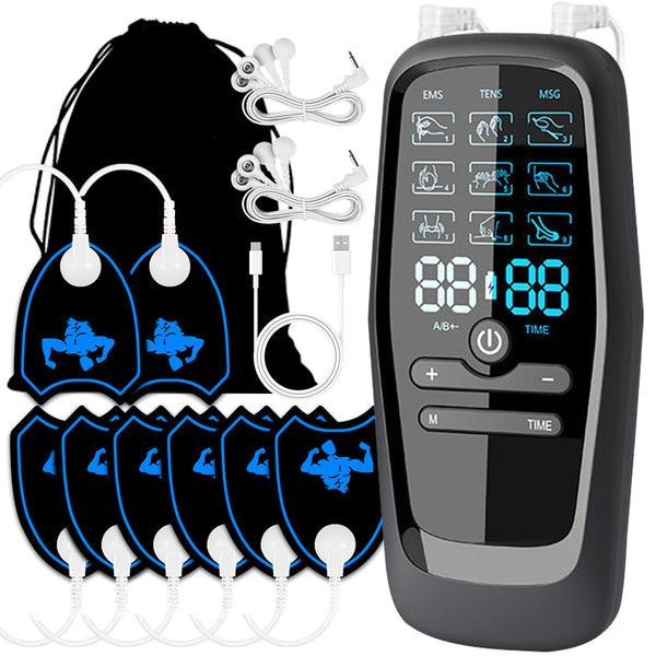 Dual Channel EMS TENS Massager Device with 9 Modes 4 Pairs of Patches