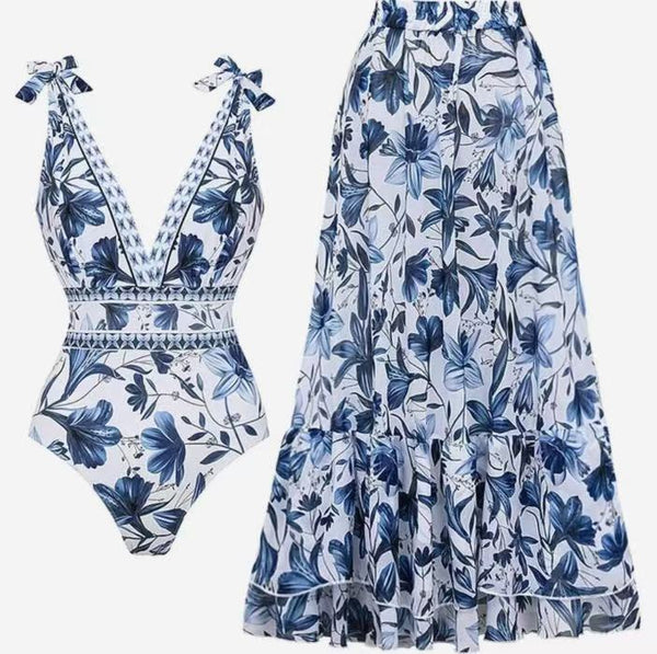 XL Size Blue Print Women's Sexy One-Piece Swimsuit Set With Matching Long Dress - European/American Style Bikini with Built-in Pads