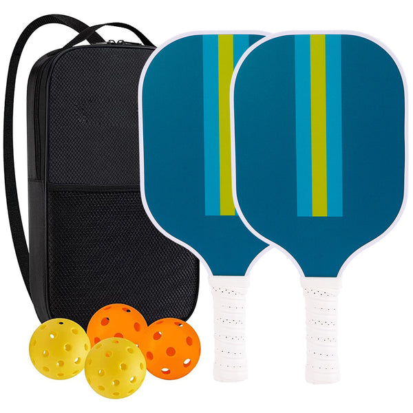 Blue Stripe Professional Fiberglass Pickleball Paddle Set with Carry Bag & 2 Paddles & 4 Balls