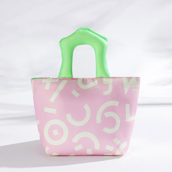 Pink Insulated Lunch Bag – Multi-Color Printed Tote with Padded Handle for Students & Office Workers