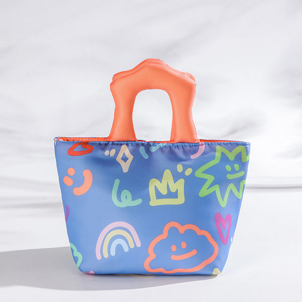 Blue and orange handbag Insulated Lunch Bag – Multi-Color Printed Tote with Padded Handle for Students & Office Workers