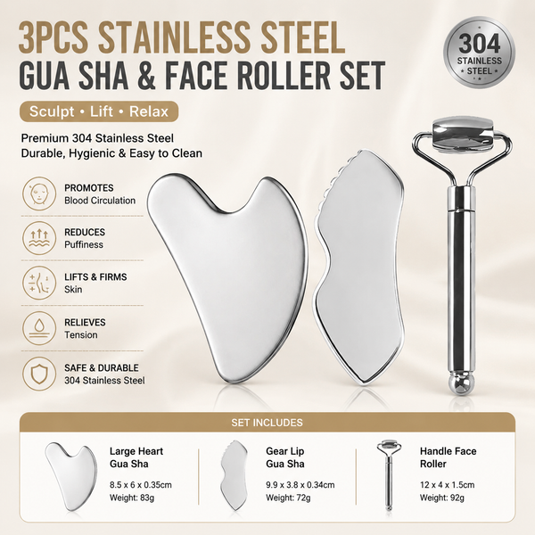 3-Piece Stainless Steel Scraping Board & Facial Massage Roller Set