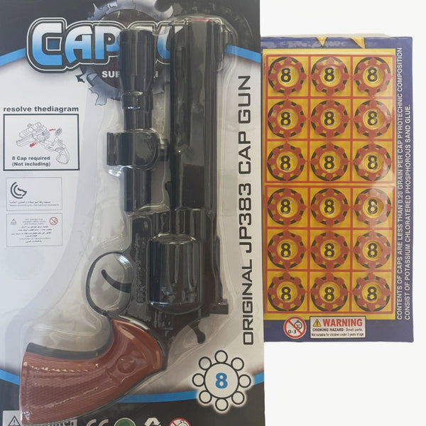 8 Shot Toy Cap Gun with 144 Free Caps Large for Kids - Black