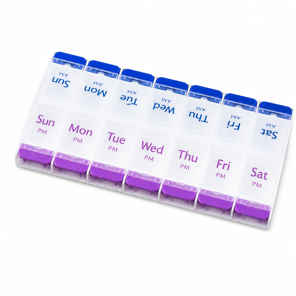 Double Row 14 Compartment Weekly Pill Container Portable Press Medicine Box 4Pcs