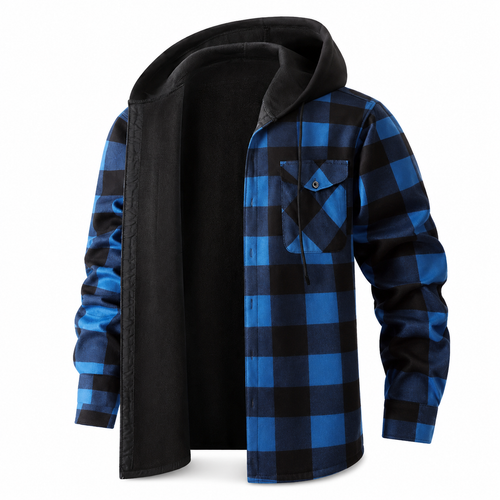 Plaid Hooded Jacket with Velvet Lining - Blue - Size L(AU L/EU50)