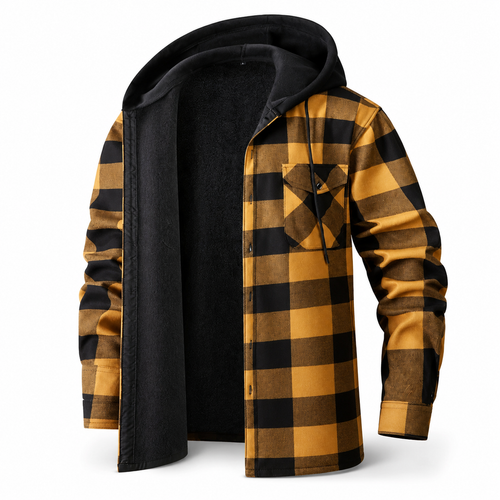 Plaid Hooded Jacket with Velvet Lining - Yellow - Size 3XL(AU 3XL/EU56)