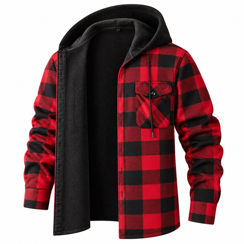 Plaid Hooded Jacket with Velvet Lining - Red - Size 2XL(AU 2XL/EU54)