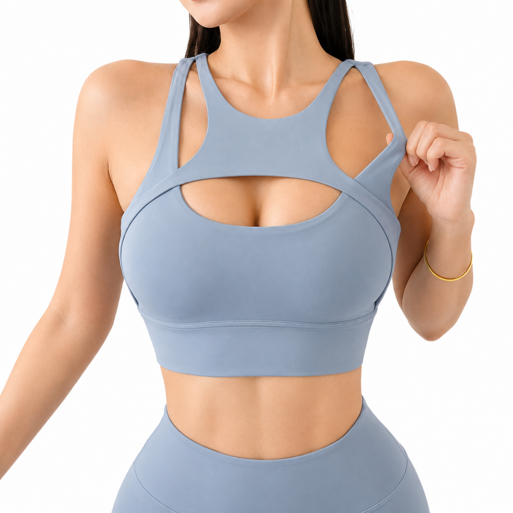 Nylon Sports Bra for Women (Grey Blue-M)