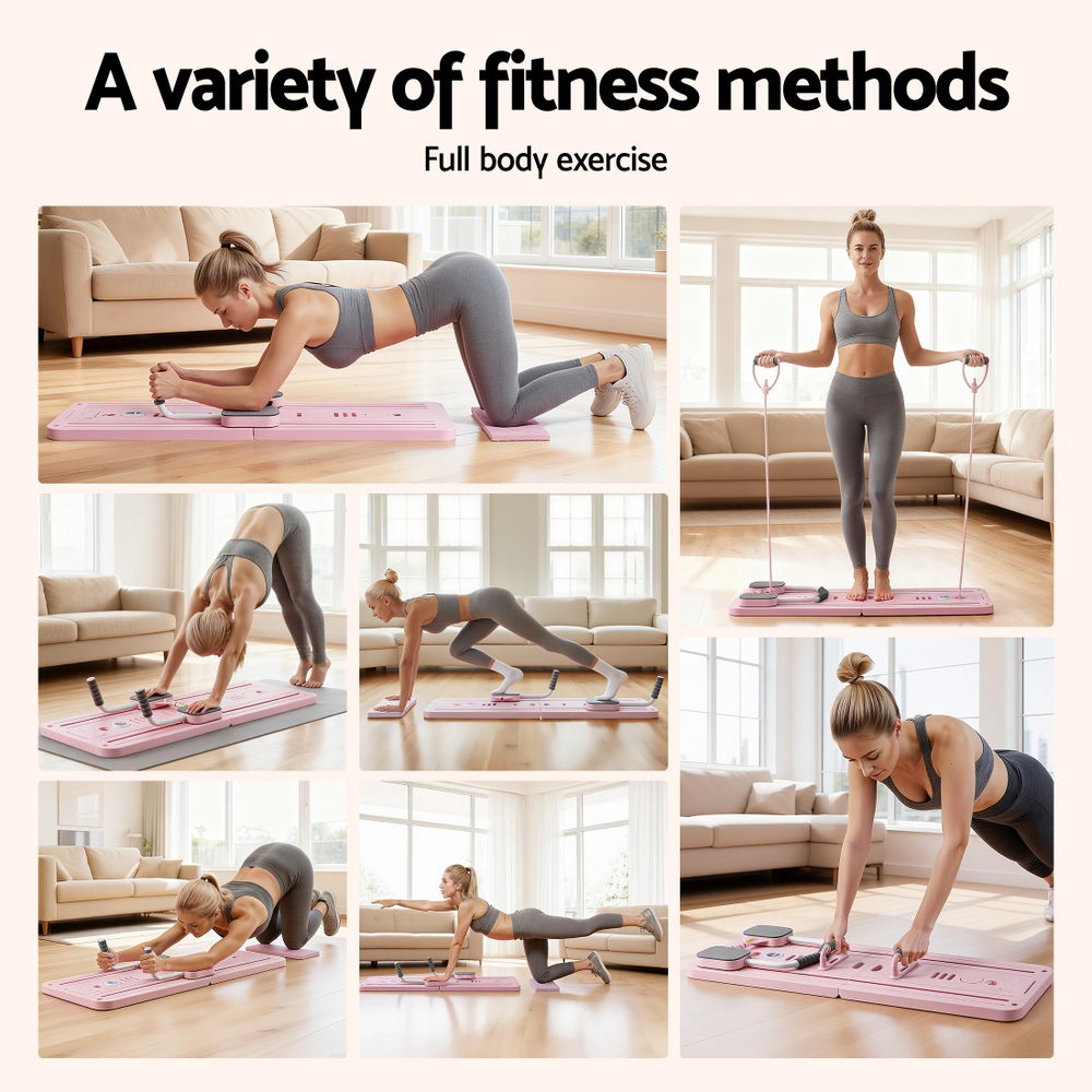 Everfit Pilates Board Foldable Reformer Multi Functional Exercise Trainer Pink