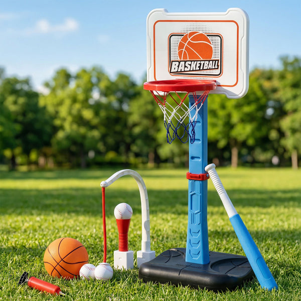 Basketball Hoop Stand and Baseball Adjustable Height Sport Toys - Blue