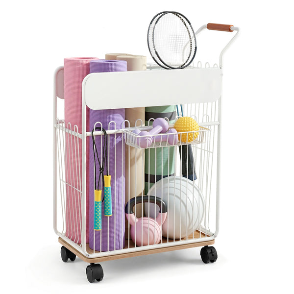 Yoga Mat Storage Rack Mobile Holder with Wheels - White