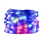Multicolored LED string lights coiled on a white background