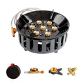 Black gas stove burner with gold components on a white background