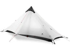 White camping tent with black accents on a white background