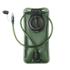 Green hydration bladder with mountain and lake background