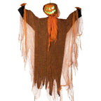 Halloween decoration of a ghost with a jack-o'-lantern head on a white background