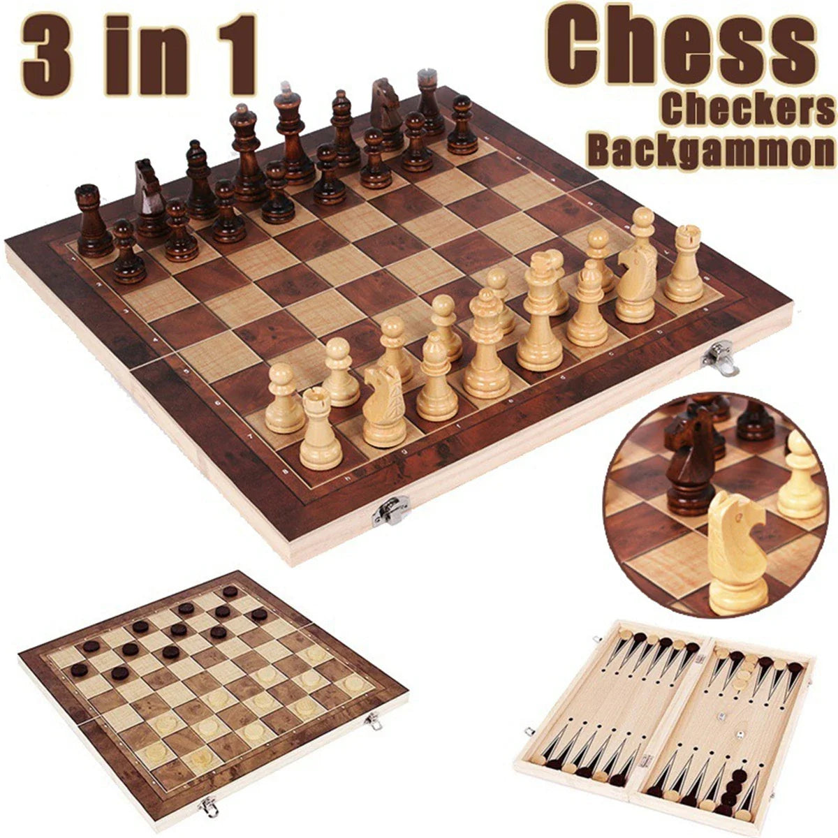 Wooden Chess Checkers Backgammon Set Portable Folding