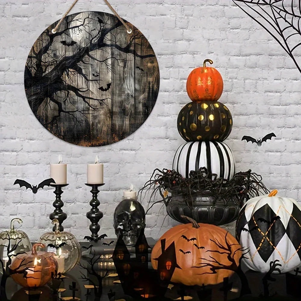 Halloween Wooden Hanging Sign - Full Moon Bat