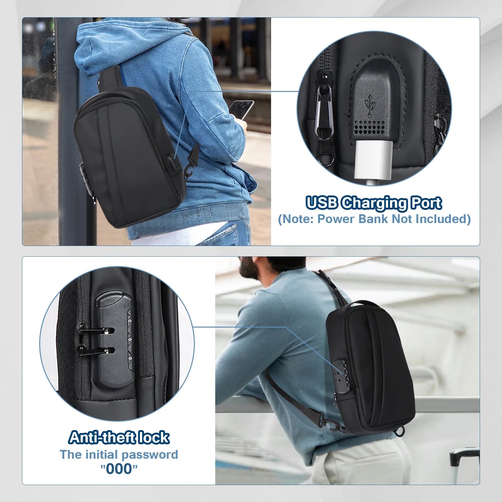 Men Anti-Theft Sling Bag with Waterproof USB Crossbody