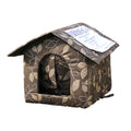 Brown patterned pet house on grass with a label