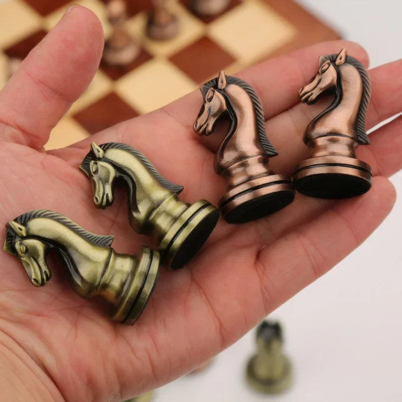 Chess Set Wooden Foldable Bronze Alloy