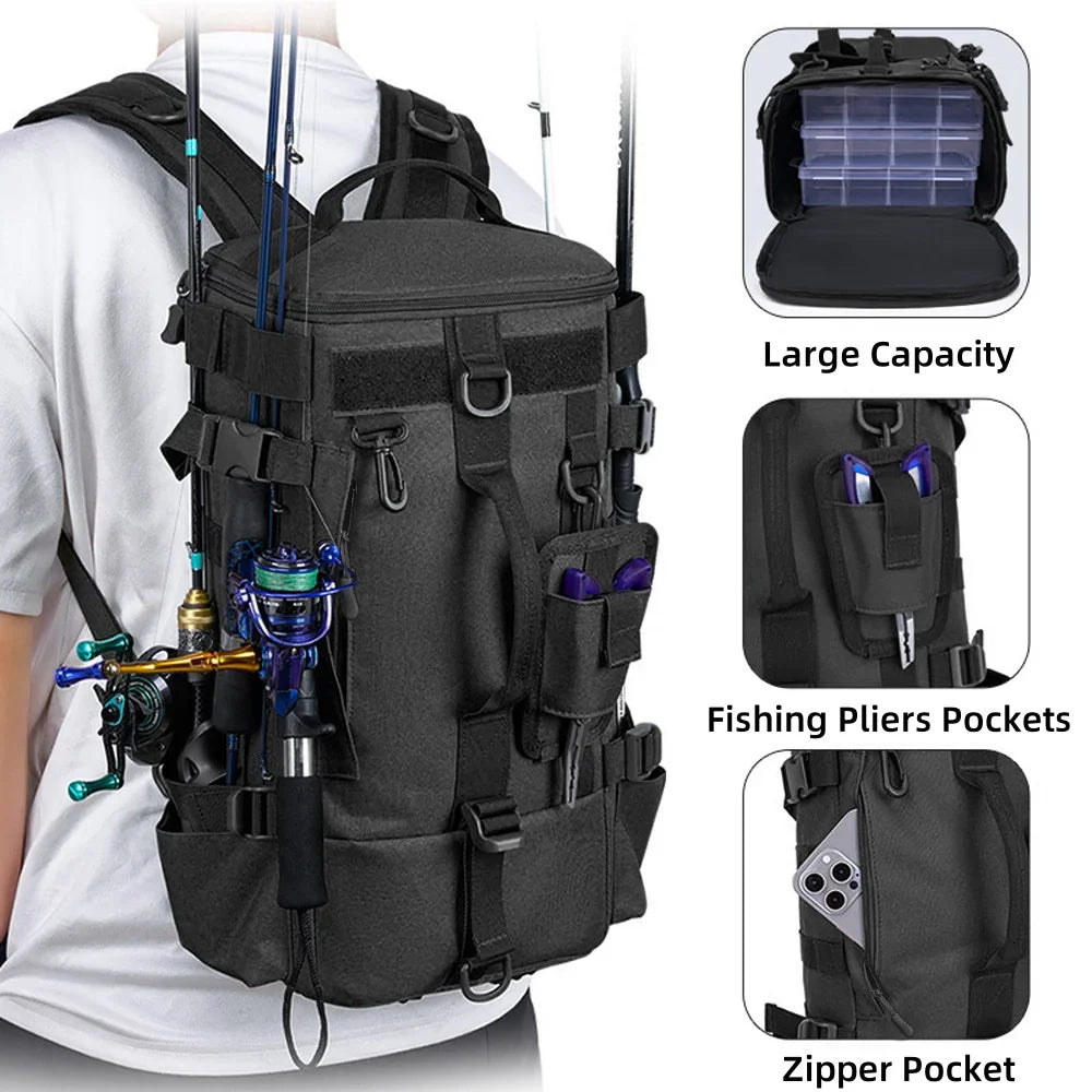 Tactical Fishing Backpack with Rod Holder & Tackle Storage