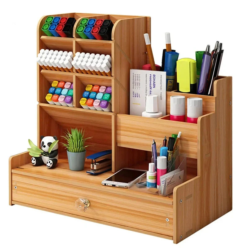 Desk Organizer Wooden Large-Capacity Pen Holder Drawer