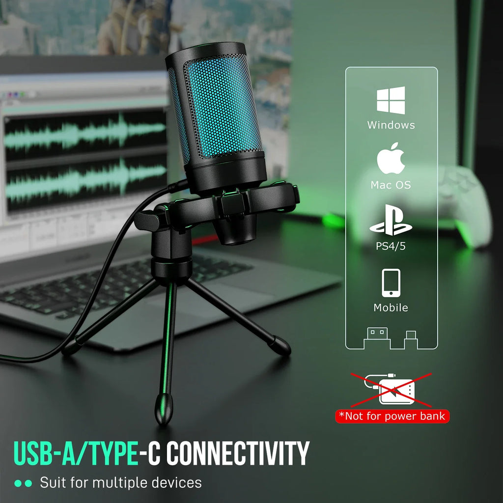 Gaming Microphone RGB USB Condenser with Tripod Stand
