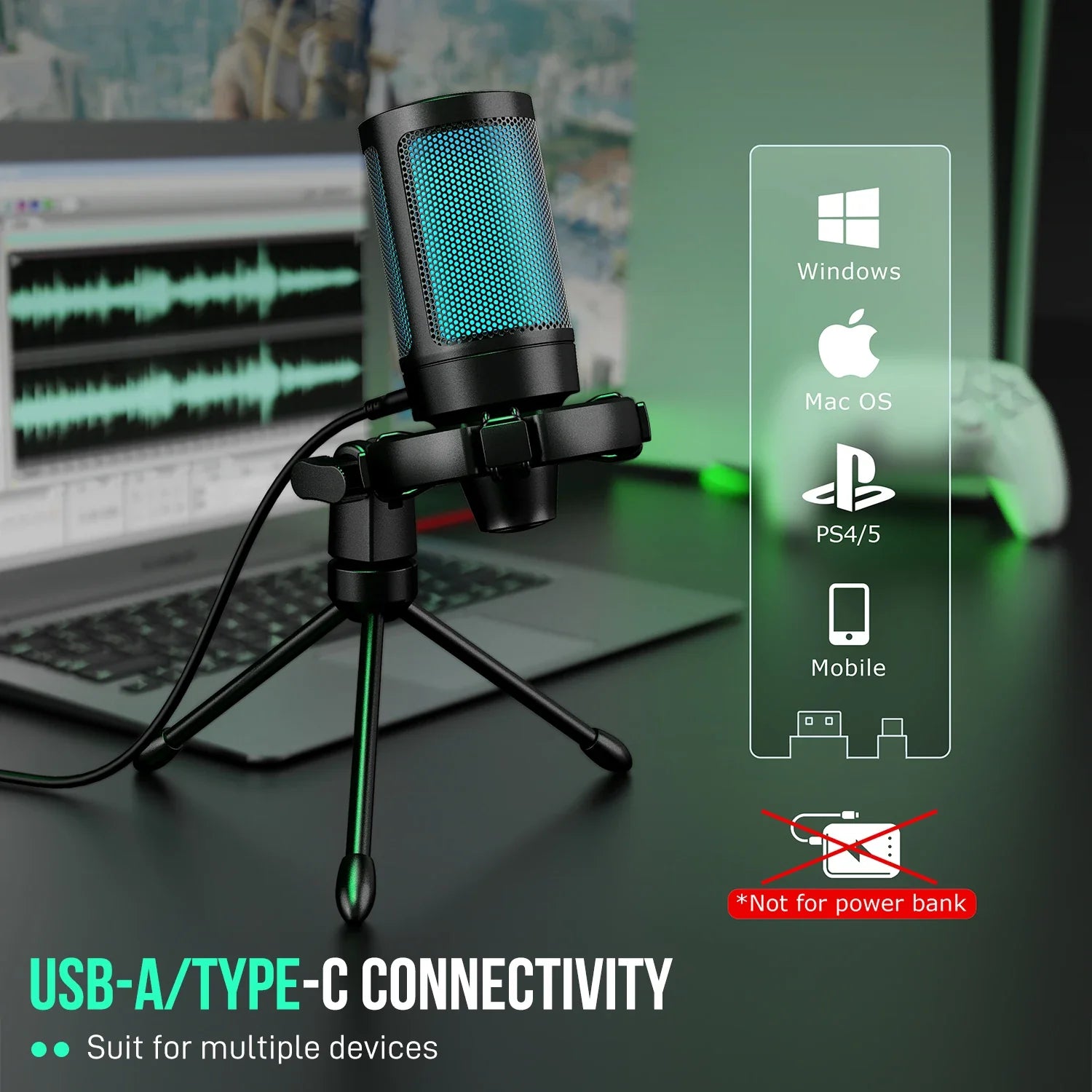 Gaming Microphone RGB USB Condenser with Tripod Stand