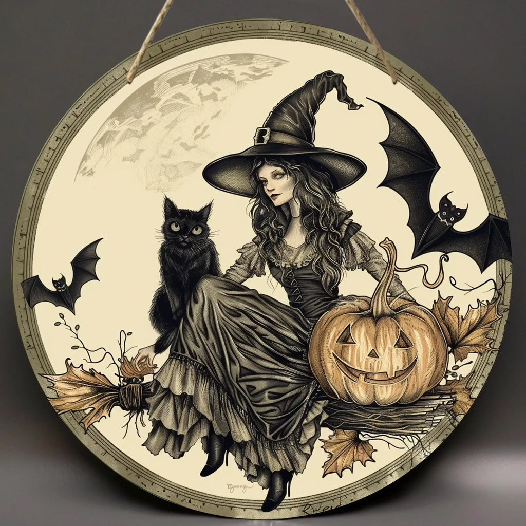 Wooden Halloween Sign Witch Pumpkin