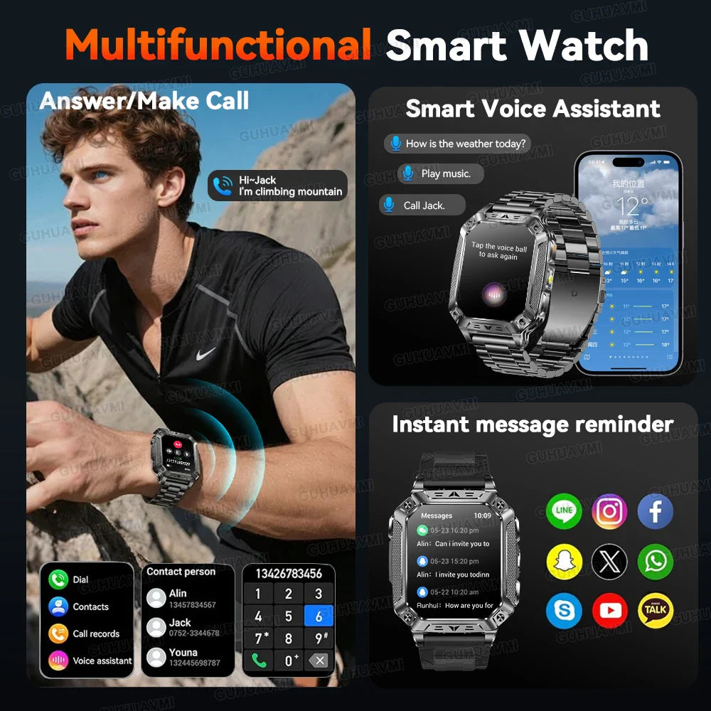 Military Smart Watch with 1400mAh Bluetooth Call (Black Steel)